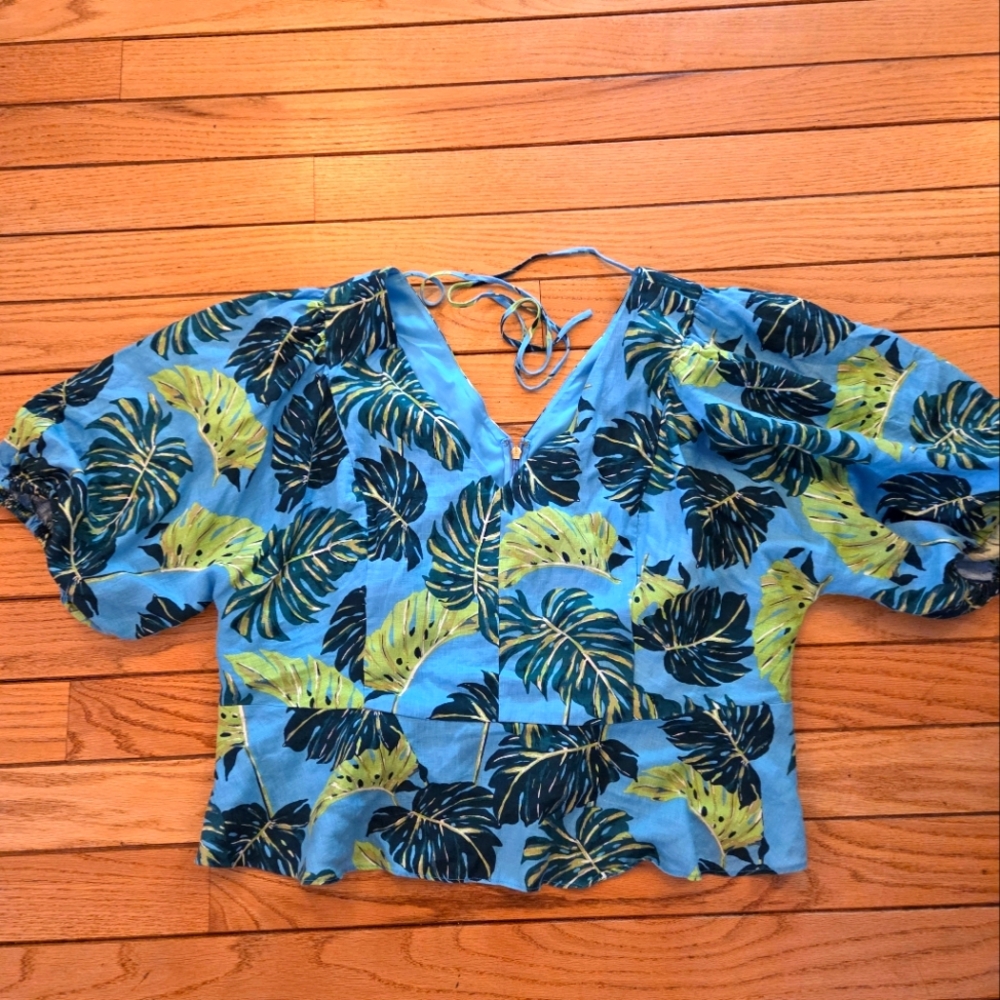 Draper James Blue and Green Leaf Print Blouse - Size 18